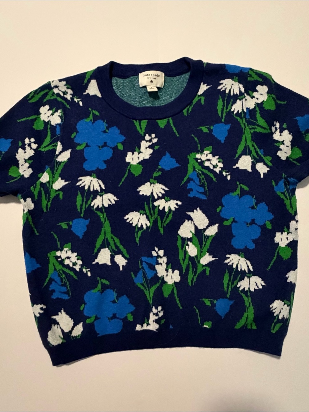 kate spade navy floral sweater with blue and white blooms